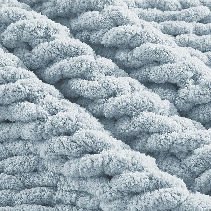 Carriediosa Chunky Knit Throw Blanket 50" X 60", 100% Hand Made Large Chenille Loop Yarn Soft Fluffy Throws for Couch Sofa Bed, Big Crochet Cozy Heavy Thick Cable Woven Blanket, Light Blue