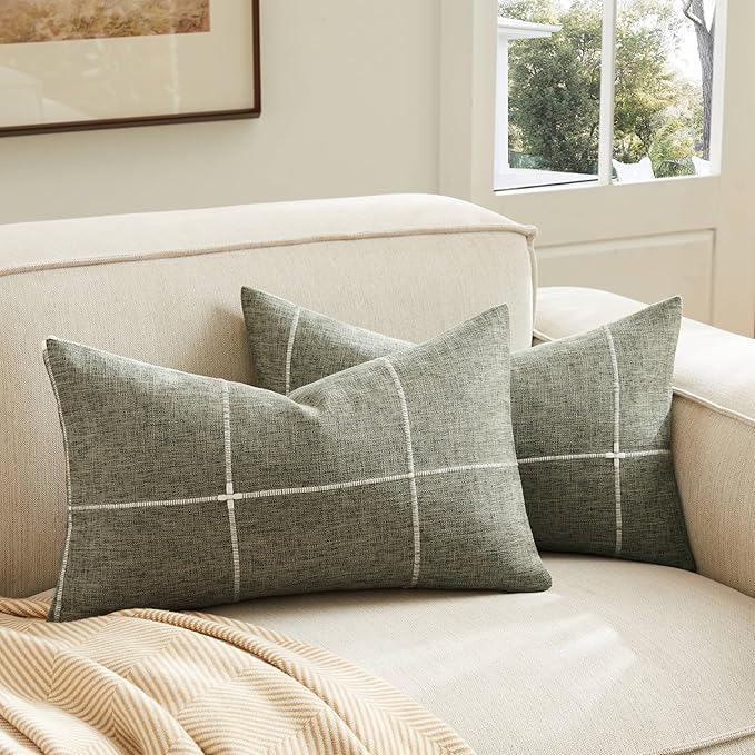 2 Packs Grid Embroidery Throw Pillow Covers, 12x20 Inch Olive, Farmhouse Linen Decorative Olive Cushion Covers for Sofa Bed Living Room Home Decor