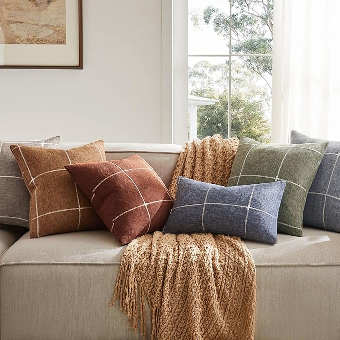 2 Packs Grid Embroidery Throw Pillow Covers, 24x24 Inch Terracota, Farmhouse Linen Decorative Terracota Cushion Covers for Sofa Bed Living Room Home Decor