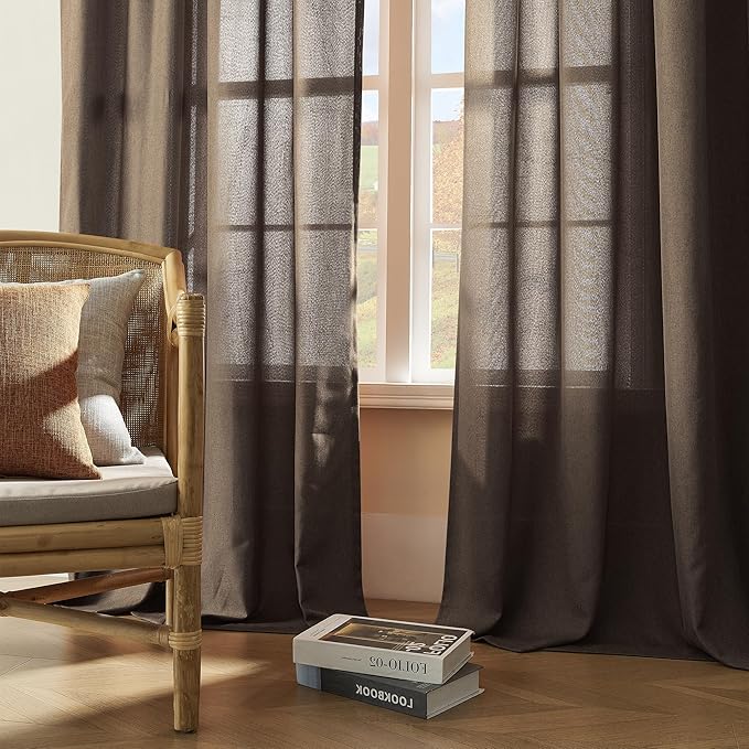 Natural Linen Blended Curtains - Back Tab Window Treatments Panels Drapes for Living Room/Bedroom, Light Filtering Semi Sheer (Set of 2, 50" x 84", Brown)