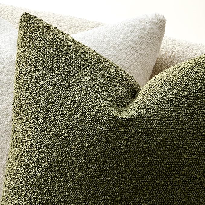ANRODUO Pack of 2 Textured Boucle Throw Pillow Covers Soft Moss Green Decorative Accent Solid Pillow Cases Cozy Modern Couch Cushion Case for Chair Sofa Bedroom Living Room Home Decor, 18 x 18 Inch
