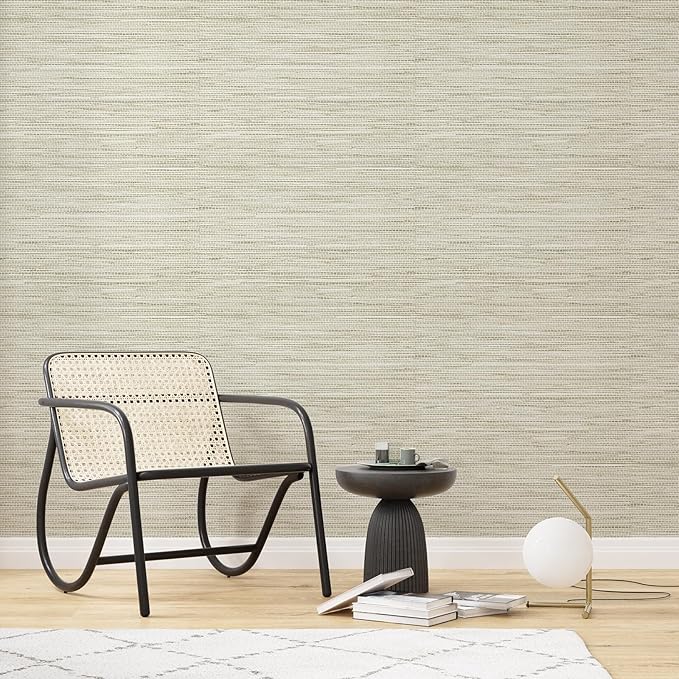 Simon&Siff Cream Textured Grasscloth Peel and Stick Wallpaper 17.7"x394" Neutral Faux Grassweave Waterproof Self Adhesive Removable Wallpaper Mural for Home Decor Bedroom Kitchen Cabinet