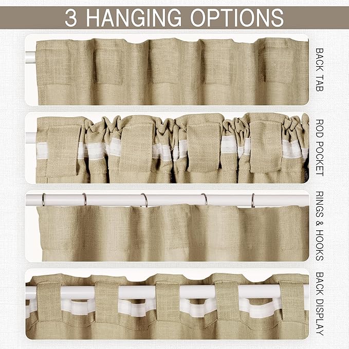 HESTIA Linen Curtains 96 inches Long for Living Room 2 Panels Set Khaki Drapes 70% Blackout Privacy Khaki Light Filtering Country Rustic Farmhouse Curtain for Home Office (96" L x 52" W)