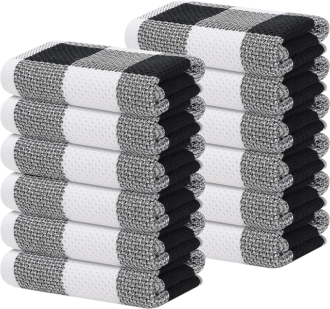 Homaxy 100% Cotton Waffle Weave Check Plaid Kitchen Towels, 13 x 28 Inches, Super Soft and Absorbent Dish Towels for Drying Dishes, 12-Pack, White & Black