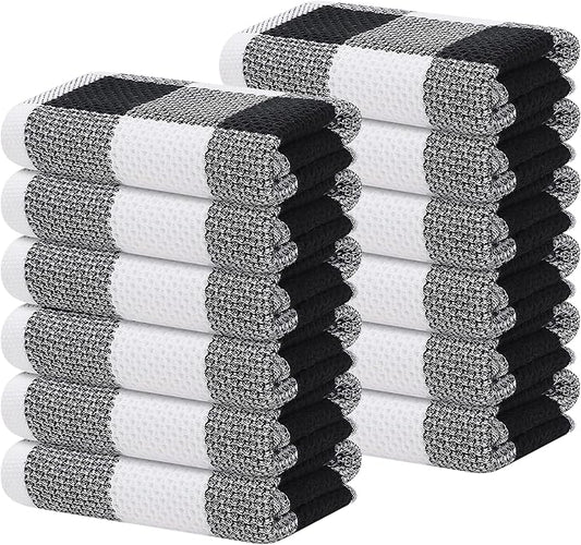 Homaxy 100% Cotton Waffle Weave Check Plaid Kitchen Towels, 13 x 28 Inches, Super Soft and Absorbent Dish Towels for Drying Dishes, 12-Pack, White & Black