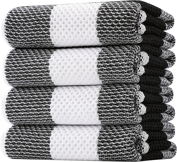Homaxy 100% Cotton Waffle Weave Check Plaid Kitchen Towels, 20 x 28 Inches, Super Soft and Absorbent Dish Towels for Drying Dishes, 4-Pack, White & Black