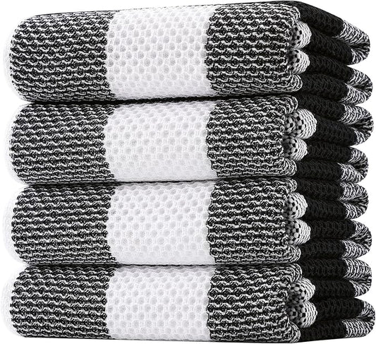 Homaxy 100% Cotton Waffle Weave Check Plaid Kitchen Towels, 20 x 28 Inches, Super Soft and Absorbent Dish Towels for Drying Dishes, 4-Pack, White & Black