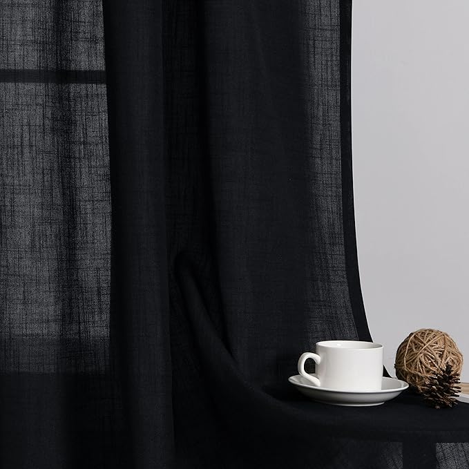 Guken Black Linen Curtains 102 Inch Length for Living Room Bedroom 2 Panels Set Rod Pocket Light Filtering Semi Sheer Window Curtains 52 Inch Width Boho Farmhouse Linen Drapes, W52xL102