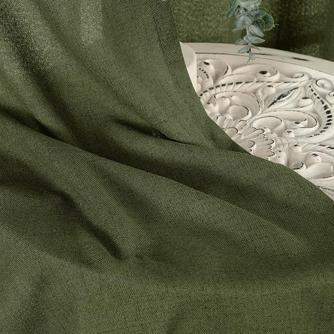 YoungsTex Olive Green Linen Semi Sheer Curtains 72 Inch Length for Living Room, Light Filtering Drape Rod Pocket Back Tab Window Treatment for Bedroom Dining, 2 Panels, 52 X 72 Inch