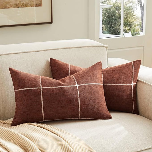 2 Packs Grid Embroidery Lumbar Throw Pillow Covers, 12x20 Inch Terracota, Farmhouse Linen Decorative Terracota Cushion Covers for Sofa Bed Living Room Home Decor