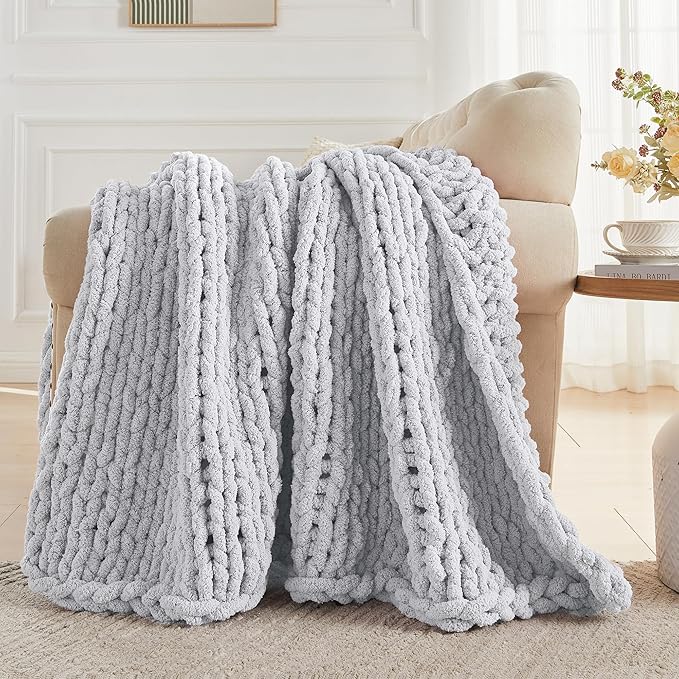 Carriediosa Chunky Knit Throw Blanket 60" X 80" Twin, 100% Hand Made Large Chenille Loop Yarn Soft Fluffy Throws for Couch Sofa Bed, Big Crochet Cozy Heavy Thick Cable Woven Blanket, Grey