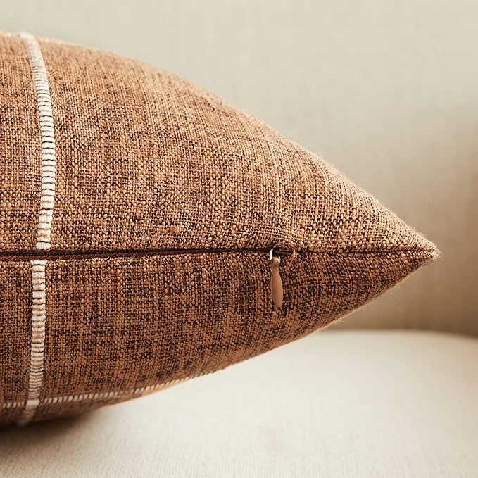 2 Packs Grid Embroidery Throw Pillow Covers, 12x20 Inch Caramel, Farmhouse Linen Decorative Caramel Cushion Covers for Sofa Bed Living Room Home Decor