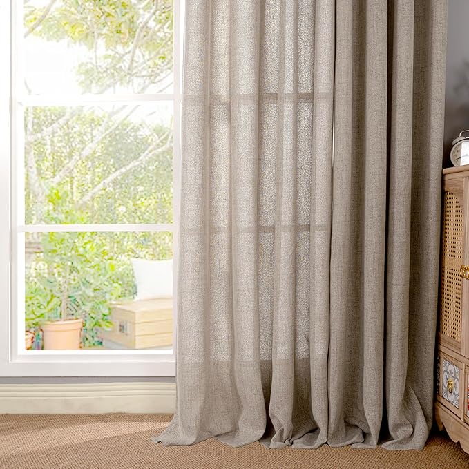YoungsTex Linen Semi Sheer Curtains 95 Inches Long 2 Panels for Living Room, Textured Floor Length Drapes Light Filtering with Rod Pocket Back Tab for Bedroom, Dark Oatmeal,52 X 95 Inch