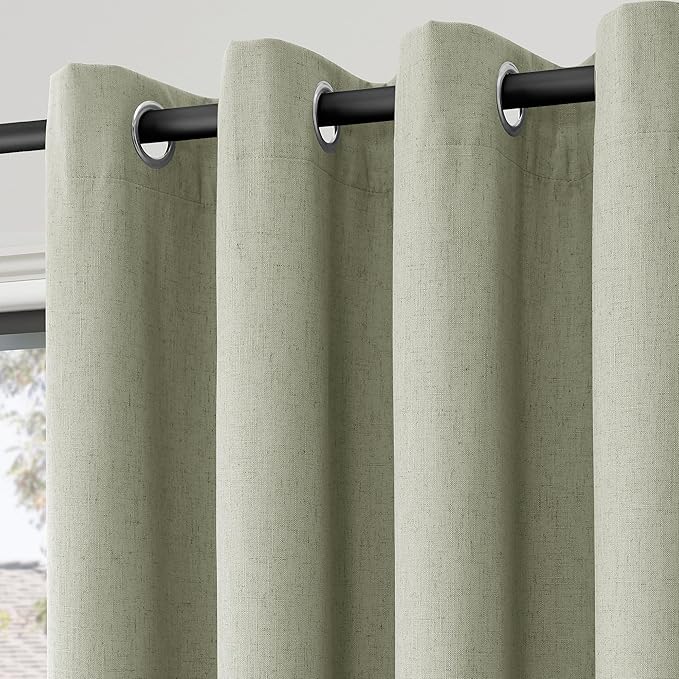 100% Blackout Linen Curtains for Bedroom Thermal Insulated Grommet Complete Blackout Drapes 90 Inch Length 2 Panels Set Heat and Full Light Blocking Living Room Darkening Curtains Sage Green