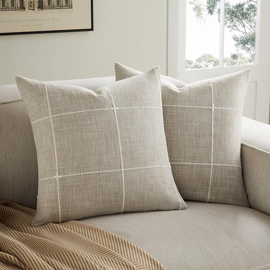 2 Packs Grid Embroidery Throw Pillow Covers, 18x18 Inch Raw Linen, Farmhouse Linen Decorative Beige Cushion Covers for Sofa Bed Living Room Home Decor