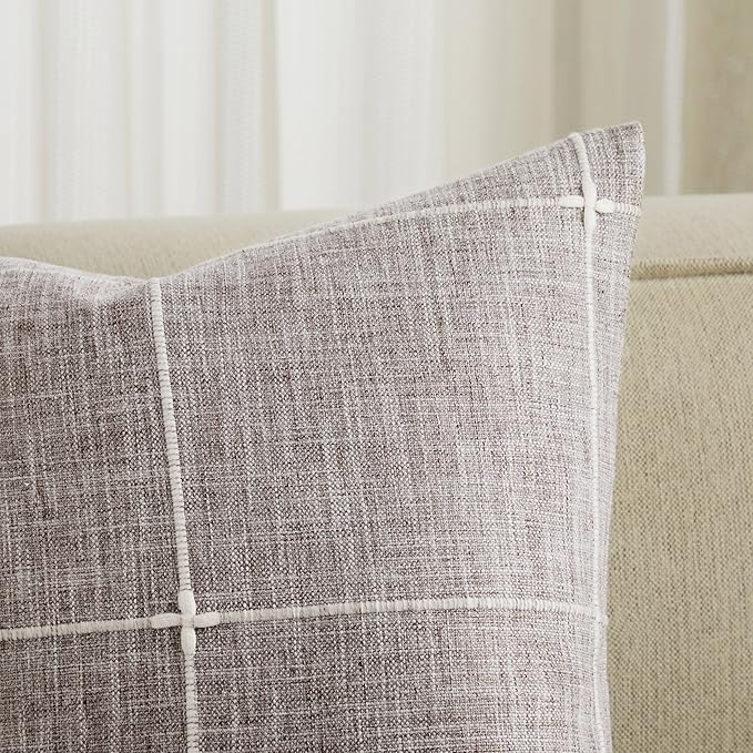 2 Packs Grid Embroidery Lumbar Throw Pillow Covers, 12x20 Inch Brown, Farmhouse Linen Decorative Brown Cushion Covers for Sofa Bed Living Room Home Decor