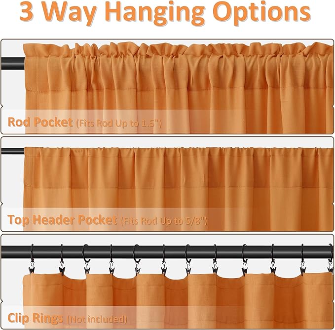 Guken Orange Linen Curtains 96 Inch Length for Living Room Bedroom 2 Panels Set Rod Pocket Light Filtering Semi Sheer Window Curtains 52 Inch Width Boho Farmhouse Linen Drapes, W52xL96
