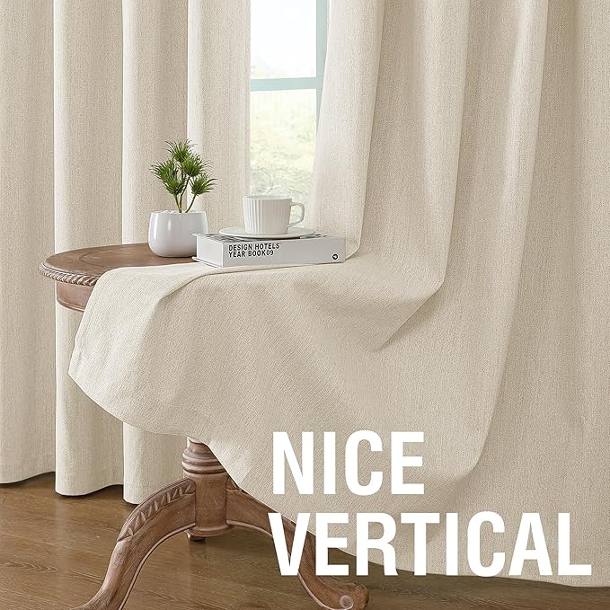 H.VERSAILTEX Chenille Linen Blackout Curtains for Bedroom 63 Inches Long Thermal Insulated Textured Linen Look Curtains with White Flocking Coating Back, Heathered Bleached Sand(Not Solid)