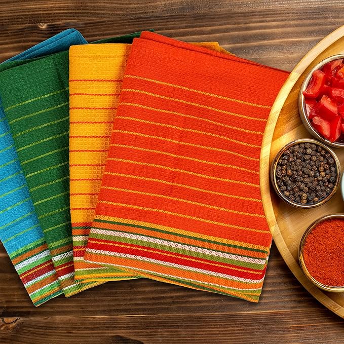 Urban Villa Salsa Stripe Kitchen Towels 100% Cotton Dish Towels for Kitchen Multi Color Highly Absorbent Multi-Purpose Waffle Dish Cloths for Cleaning Soft Hand Bar Towels 20x30 Inches (Set of 12)