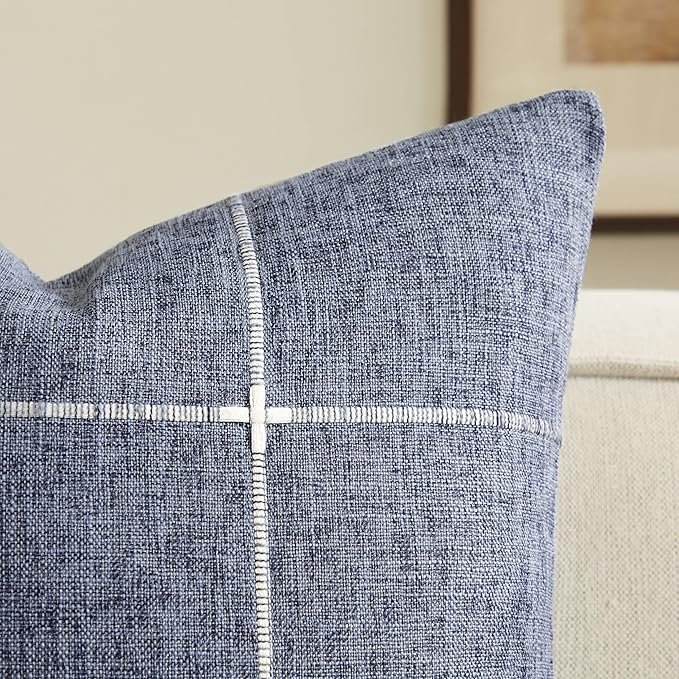 2 Packs Grid Embroidery Throw Pillow Covers, 24x24 Inch Navy Blue, Farmhouse Linen Decorative Navy Blue Cushion Covers for Sofa Bed Living Room Home Decor