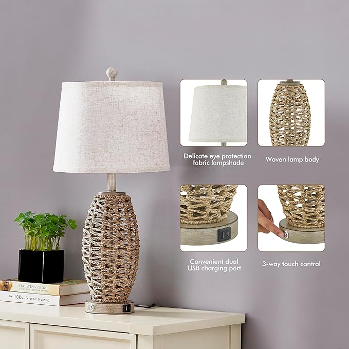 27” Natural Rattan Table Lamps Set of 2,Touch Switch,3-Way Dimmable Bedside Lamps, with A+C USB Charging Ports,Oatmeal Lampshade,Farmhouse Table Lamp for Bedroom, Living Room(2 Bulbs Included)