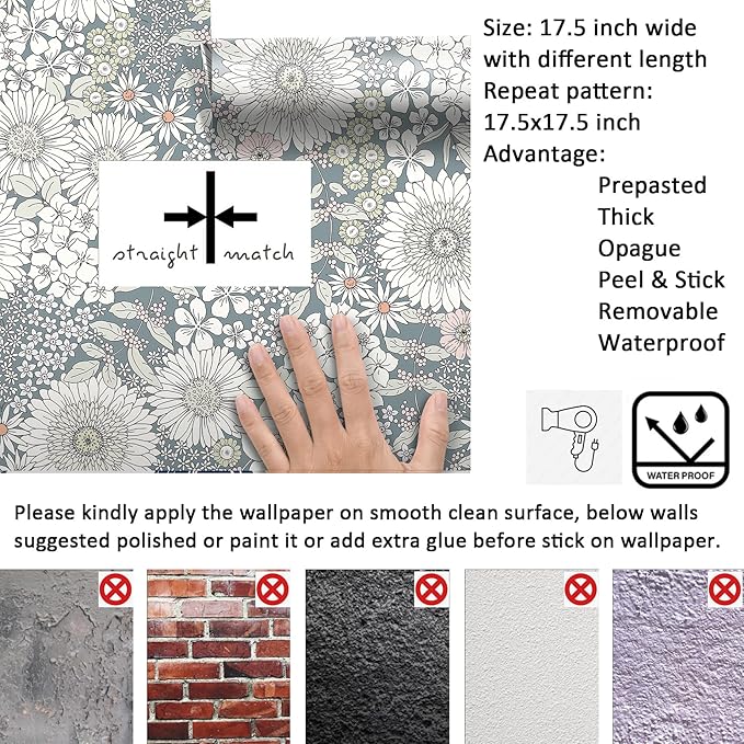 Livelynine Light Blue Floral Wallpaper Peel and Stick Boho Vintage Blue and White Prepasted Wallpaper for Bathroom Bedroom Removable Flower Contact Paper Vinyl Botanical Floral Shelf Liner 17.5x78.8