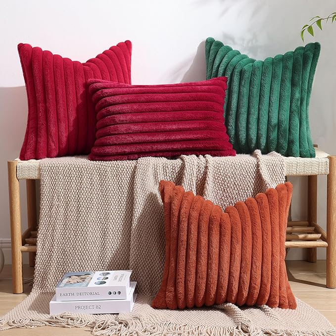 decorUhome Faux Fur Christmas Throw Pillow Covers 20x20 Set of 2, Decorative Soft Plush Striped Neutral Couch Euro Pillow Covers with Velvet Back for Sofa, Bed, Living Room Home Decor, Burgundy