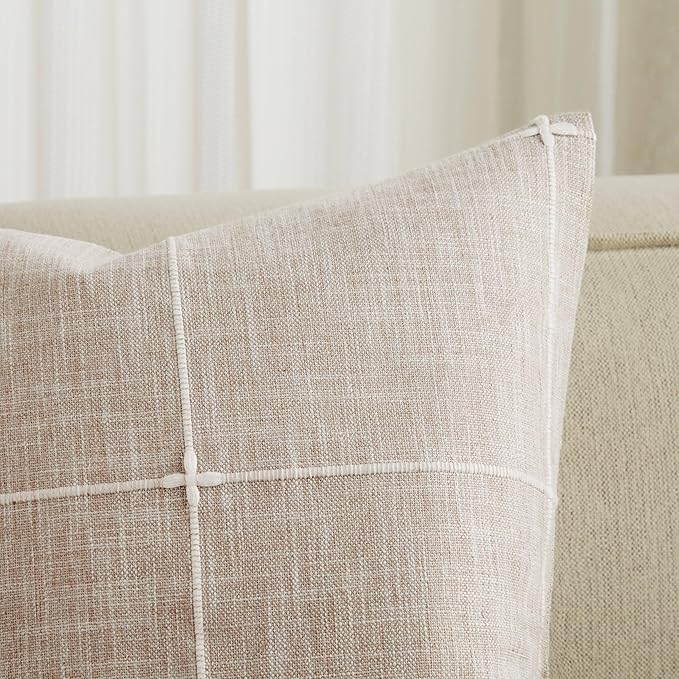 2 Packs Grid Embroidery Throw Pillow Covers, 22x22 Inch Taupe, Farmhouse Linen Decorative Light Brown Cushion Covers for Sofa Bed Living Room Home Decor