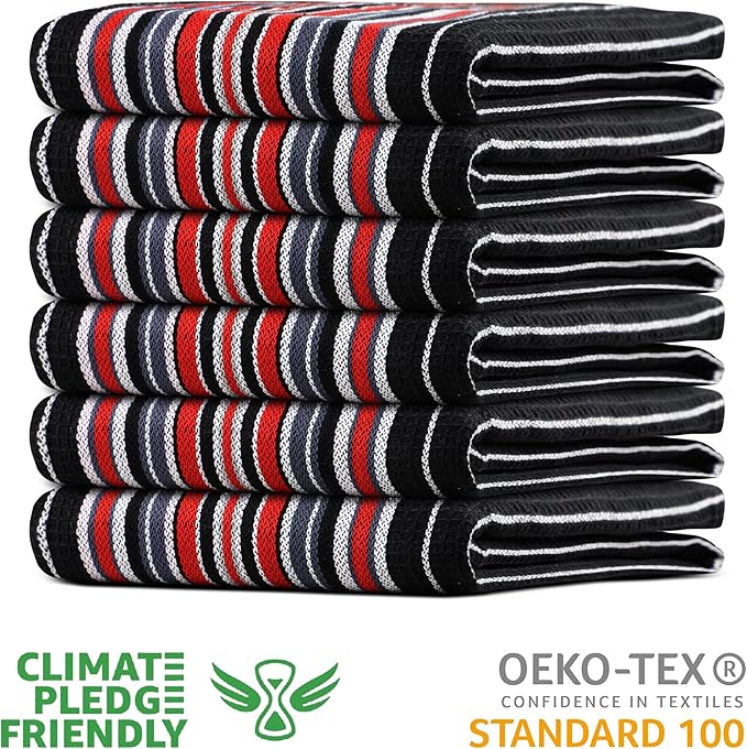 Urban Villa Kitchen Towels Waffle Stripes Dish Towels for Kitchen Black Color Set of 6 Kitchen Towels Highly Absorbent Cotton Over Sized 20X30 in with Mitered Corners Kitchen Hand Tea Towels