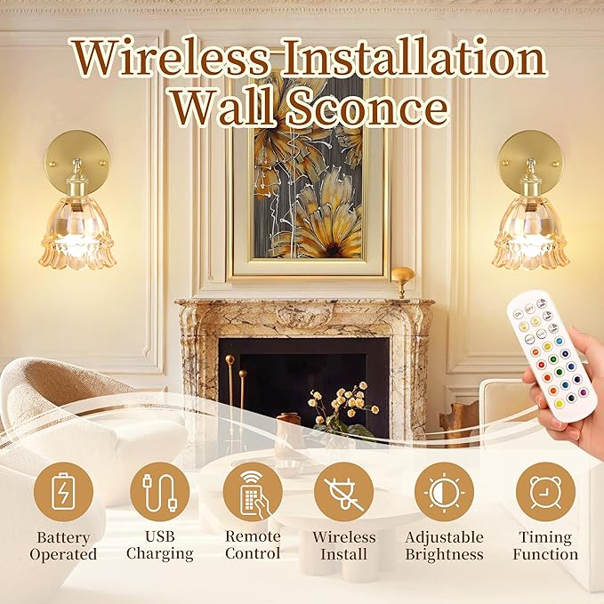 Vintage Battery Operated Wall Sconce with Flower lampshade,Rechargeable Battery Powered Wall Lights,Wall lamp with 15 Colors for Bedroom Living Room Home Decor (Lily Amber, 1 Light Battery Operated)