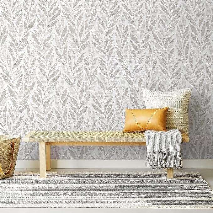 Safiyya 393"x17.3" Boho Peel and Stick Wallpaper Beige and White Wallpaper Leaf Self Adhesive Removable Wall Paper for Bathroom Bedroom Contact Paper for Walls Vinyl Roll