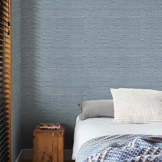 Simon&Siff Grey Blue Textured Grasscloth Peel and Stick Wallpaper 17.7"x394" Faux Grassweave Waterproof Self Adhesive Removable Wallpaper Mural for Home Decor Bedroom Kitchen Cabinet
