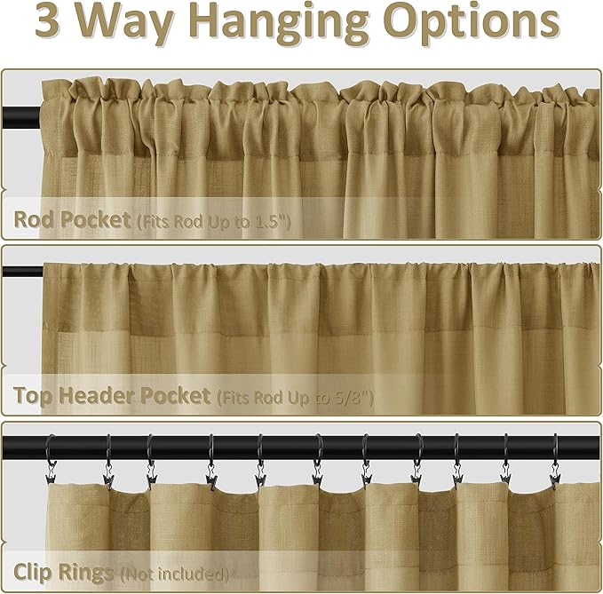 Guken Gold Linen Curtains 108 Inches Long 2 Panel Set Rod Pocket Semi Sheer Dining Room Cozy Bedroom Decor Cotton Look Country Rustic Farmhouse Boho Curtains 52x108