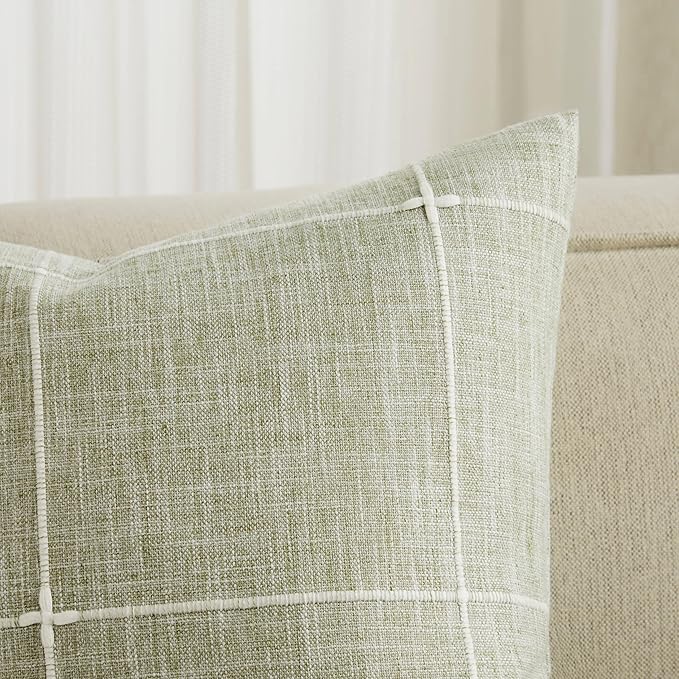 2 Packs Grid Embroidery Lumbar Throw Pillow Covers, 12x20 Inch Green, Farmhouse Linen Decorative Sage Green Cushion Covers for Sofa Bed Living Room Home Decor