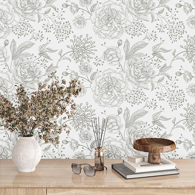 WESTICK Neutral Floral Peel and Stick Wallpaper Cream Vintage Floral Contact Paper Self Adhesive Retro Accent Wallpaper for Bedroom Walls Kitchen Backsplash Cabinets Cupboard Cream/Grey 17.5" x 100"