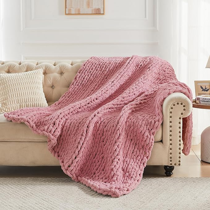 Carriediosa Chunky Knit Throw Blanket 50" X 60", 100% Hand Made Large Chenille Loop Yarn Soft Fluffy Throws for Couch Sofa Bed, Big Crochet Cozy Heavy Thick Cable Woven Blanket, Mauve