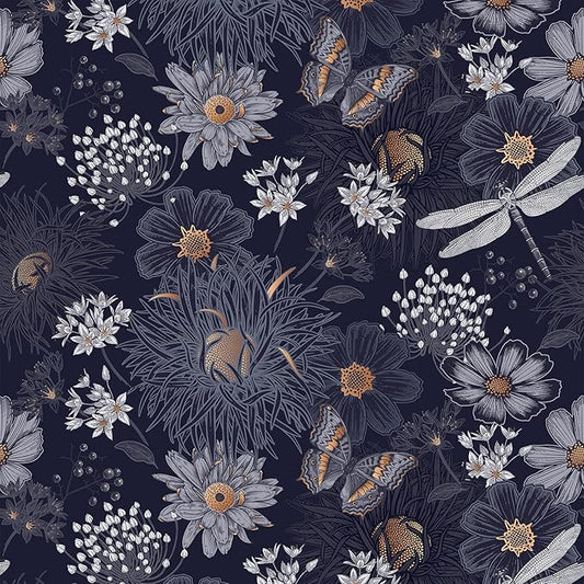 Navy Blue/Gold Floral Peel and Stick Wallpaper With Wildflowers, Butterflies and Dragonflies - Self Adhesive Vintage Contact Paper, Removable Decorative Vinyl, Easy Peel Off - 17.71" X 118.1"