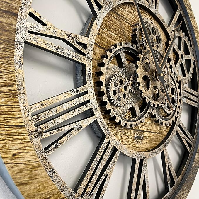 ImprovingLife The Gears Clock The Original Real Moving Gear Wall Clock Vintage Industrial Oversized Rustic Farmhouse (24 inch (60cm),Gold Antique)