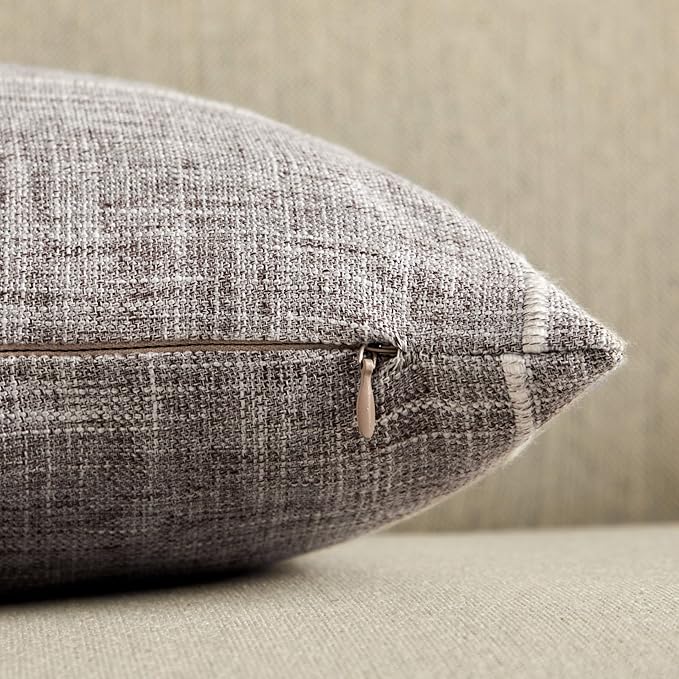 2 Packs Grid Embroidery Throw Pillow Covers, 16x16 Inch Brown, Farmhouse Linen Decorative Brown Cushion Covers for Sofa Bed Living Room Home Decor