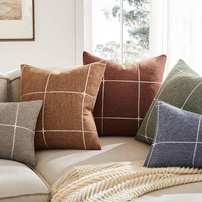 2 Packs Grid Embroidery Throw Pillow Covers, 22x22 Inch Caramel, Farmhouse Linen Decorative Caramel Cushion Covers for Sofa Bed Living Room Home Decor
