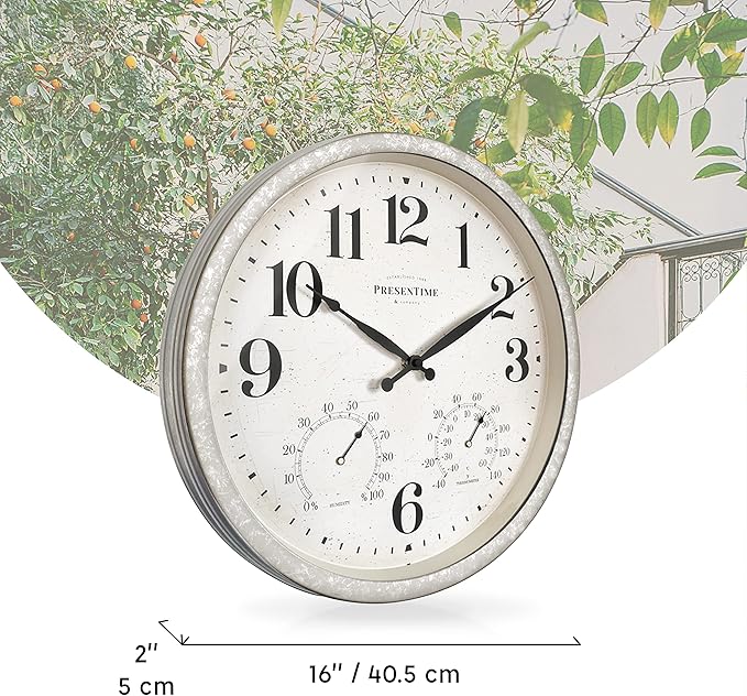 Presentime & Co 16" Farmhouse in/Outdoor Clock with Thermometer&Hygrometer as All in One Weather Station, Galvanized Décor, Wall Art and Timepiece for Farmhouse Decoration, Light Galvanized Finish