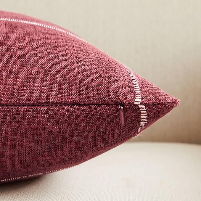 2 Packs Grid Embroidery Throw Pillow Covers, 16x16 Inch Burgundy, Farmhouse Linen Decorative Red Cushion Covers for Sofa Bed Living Room Home Decor