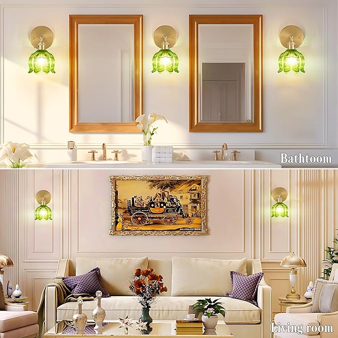 Vintage Wall Sconces,Wall Lamp with Flower Lampshade,3 Color Temperatures Wall Lights,Hradwired Wall Lighting Fixture for Bedside Bathroom Bedroom Doorway (Flower Green, 1 Light Hardwired)