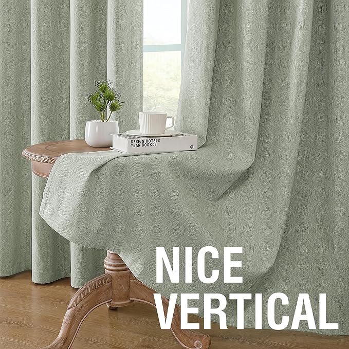 H.VERSAILTEX 100% Blackout Curtains Linen Textured Chenille Curtains Thermal Insulated Curtain 84 Inches Long with White Flocking Coating Back, 2 Panels, Heathered Sage(Not Solid)