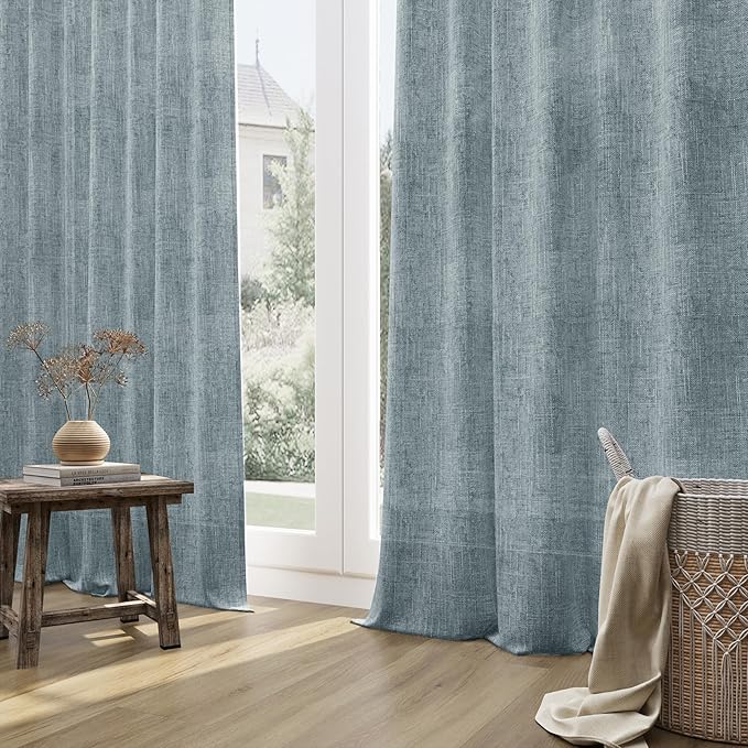 Guken Dark Blue Linen Curtains 96 Inches Long 2 Panel Set Rod Pocket Semi Sheer Dining Room Cozy Bedroom Decor Cotton Look Country Rustic Boho Farmhouse Curtains, 52x96