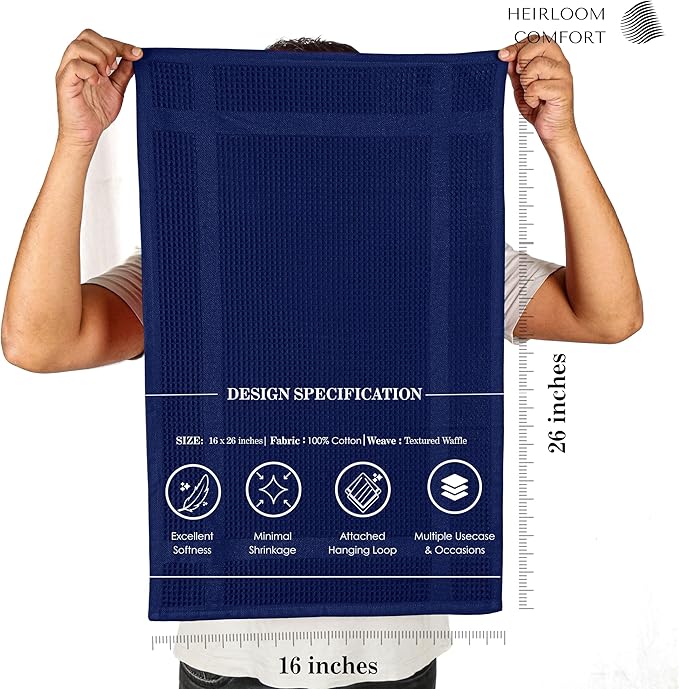 5 Pack Waffle Weave Kitchen Towels, 16x26 Inch, 100% Cotton Dishcloth Set, Super Absorbent, Fast Dry, Teal Towels, Soft Hand Towel, Dish Rags, Cleaning, Durable, Indigo Blue