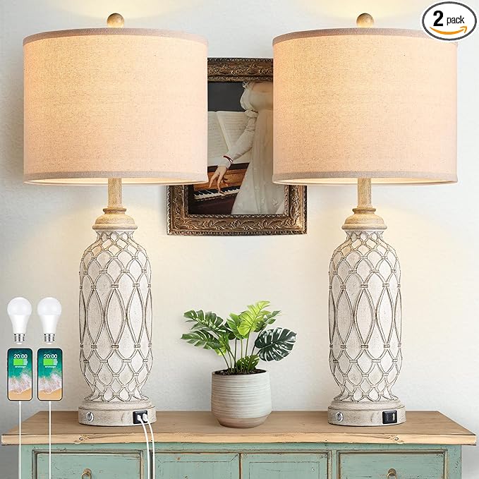 28" Table Lamps for Living Room Set of 2, Farmhouse Lamps for Bedroom with USB A+C Charging Ports, Touch Lamps for Nightstand, 2 Bulbs Included