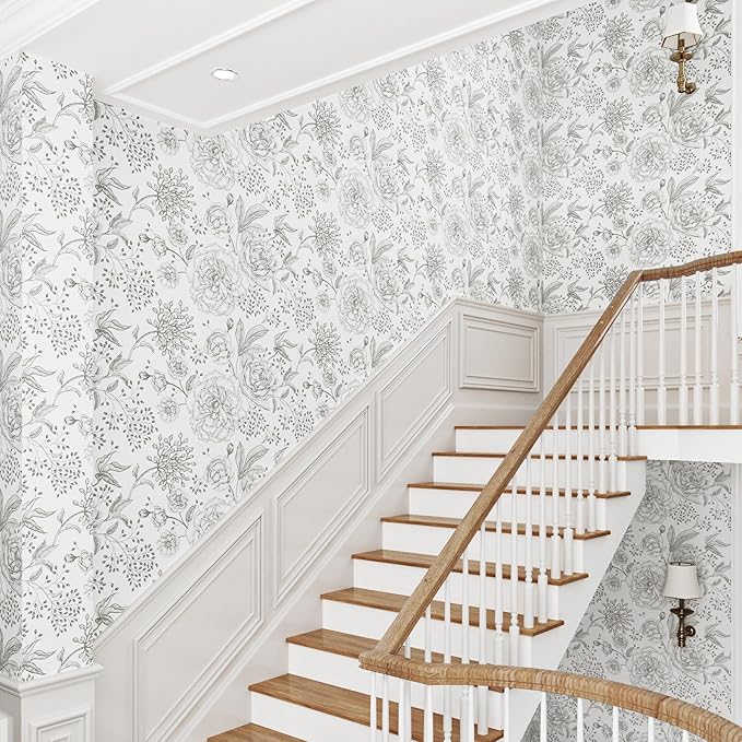 WESTICK Neutral Floral Peel and Stick Wallpaper Cream Vintage Floral Contact Paper Self Adhesive Retro Accent Wallpaper for Bedroom Walls Kitchen Backsplash Cabinets Cupboard Cream/Grey 17.5" x 100"