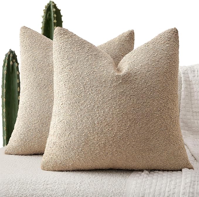 ANRODUO Pack of 2 Textured Boucle Throw Pillow Covers Soft Camel Decorative Accent Solid Pillow Cases Cozy Modern Couch Cushion Case for Chair Sofa Bedroom Living Room Home Decor, 20 x 20 Inch