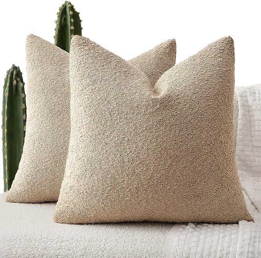 ANRODUO Pack of 2 Textured Boucle Throw Pillow Covers Soft Camel Euro Decorative Accent Solid Pillow Cases Cozy Modern Couch Cushion Case for Chair Sofa Bedroom Living Room Home Decor, 24 x 24 Inch